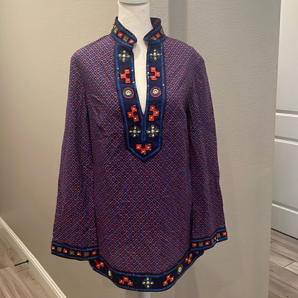 Tory Burch Embroidered Long Sleeve Tunic Blouse